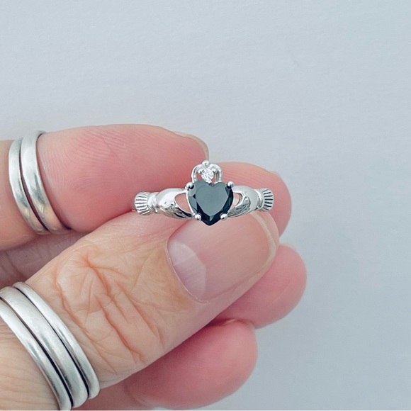 Sterling Silver Claddagh Black CZ Ring, Silver Rings, Irish Ring, Heart Ring - Picture 1 of 16